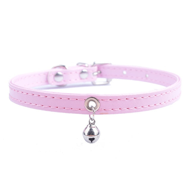 Cute Cat Collar Solid Faux Leather Adjustable Pet Collars With Bell Cats Products For Pets Red Blue Brown Pink Size XS S M